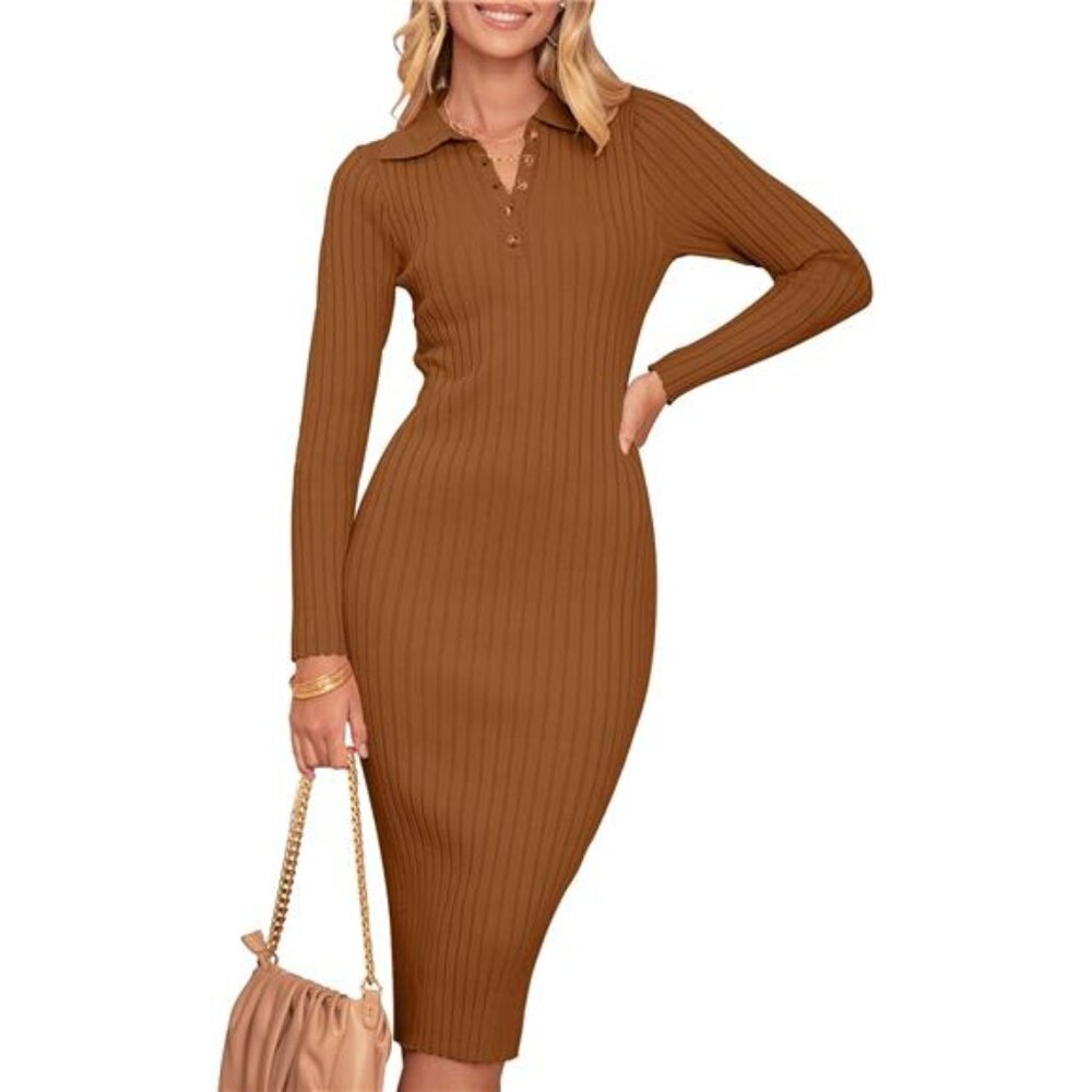 Womens V Neck Ribbed Sweater Dress Camel Brown